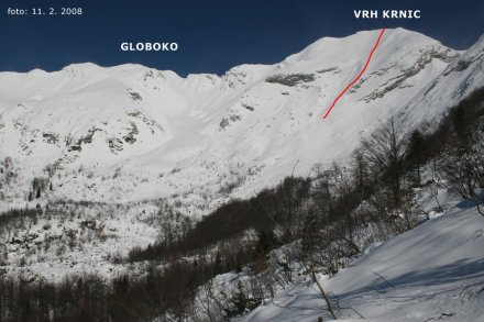 Vrisana smer, Vrh Krnic, JZ vesine, Z-, 250 m, 35-40°, odsek 50°, izpostavljeno