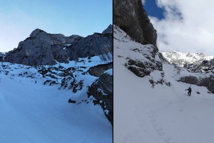 Leva slika je od včeraj, desna iz aprila 2015 s približno istega mesta, malo nad Matkovim škafom oziroma nekaj pod spodnjim skokom. Notranji graben praktično popolnoma zalit. Leva slika je s spusta.