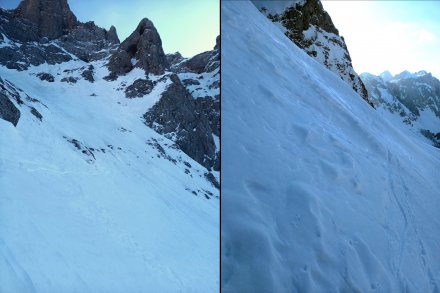 Levo: ena taka vmesna ustrmitev, tu s primernim snegom za spust. Desno: daljša prečka nazaj v pravo smer je mestoma izgledala tudi takole.