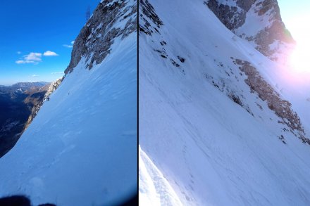 Desno: nad tem, podobnim ostalim, a tu trdo ledenim skokcem, se je končalo smučanje (slikano z raza). Levo: Takoj levo pa je že bil oster snežni raz in za njim rampa. Prečka nanj pod malim rušjem na razu.